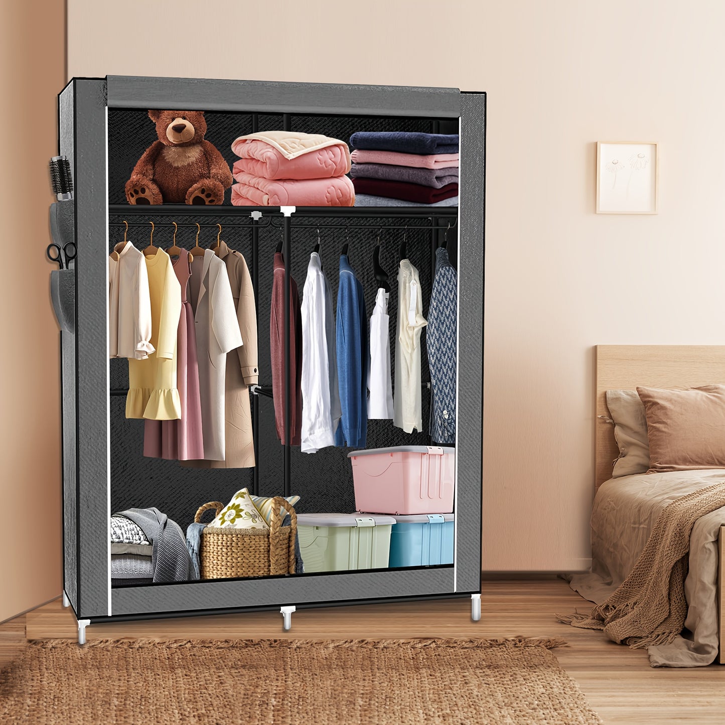 Opbergkast – Kledingkast – Garderobekast – Linnenkast – Opbergsysteem – 2-Deurs Non-Woven Kast – 12 Planken en Kledingroede – Ruimtebesparend Compact Ontwerp – Eenvoudig Zelf Te Monteren