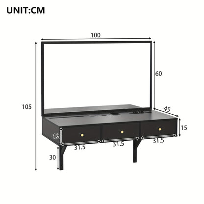 Kaptafel – Make-Up Tafel – Schminktisch – Toilettafel – Vanity Table – Mat Zwart – Compact Met Spiegel – 3 Laden Opbergruimte – Bamboe-Alternatief – Ingebouwde Bekerhouder