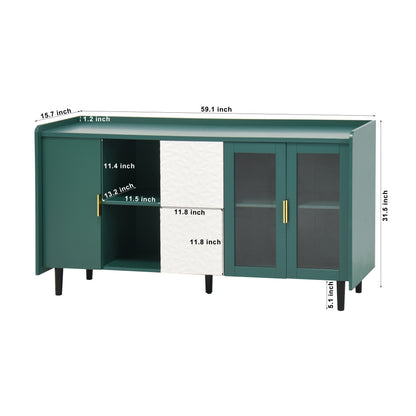 Koffiekast – Keukentrolley – Opbergkast – Koffiemeubel – Koffiebarmeubel – Mobiel met Wieltjes – Hout-Metaal – 140 cm Hoog – 2 Laden + Glazen Deuren – Groen