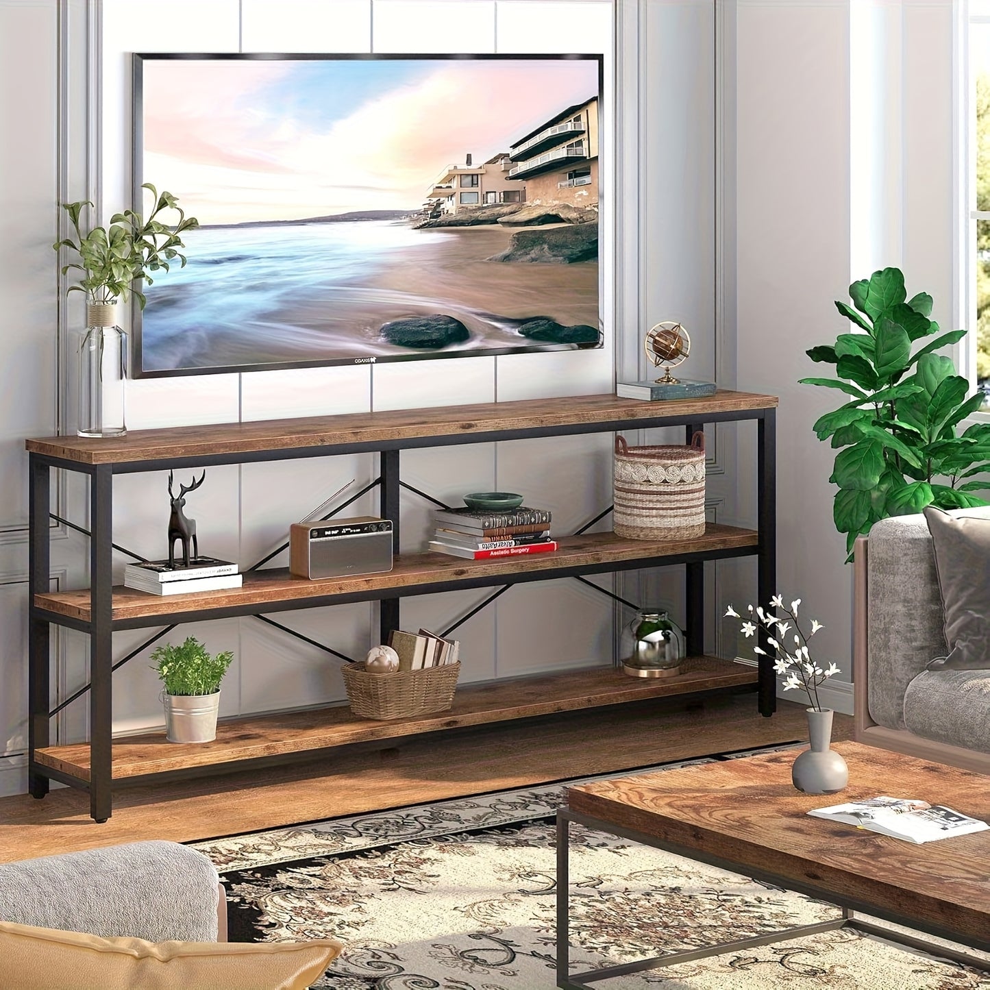 Sofa Tafel – Sidetable – Console Tafel – Opbergtafel – Haltafel – Rustiek Bruin – Extra Lang 180 cm – Metalen X-Frame – 3 Laags Opbergruimte – Verstelbare Voetjes