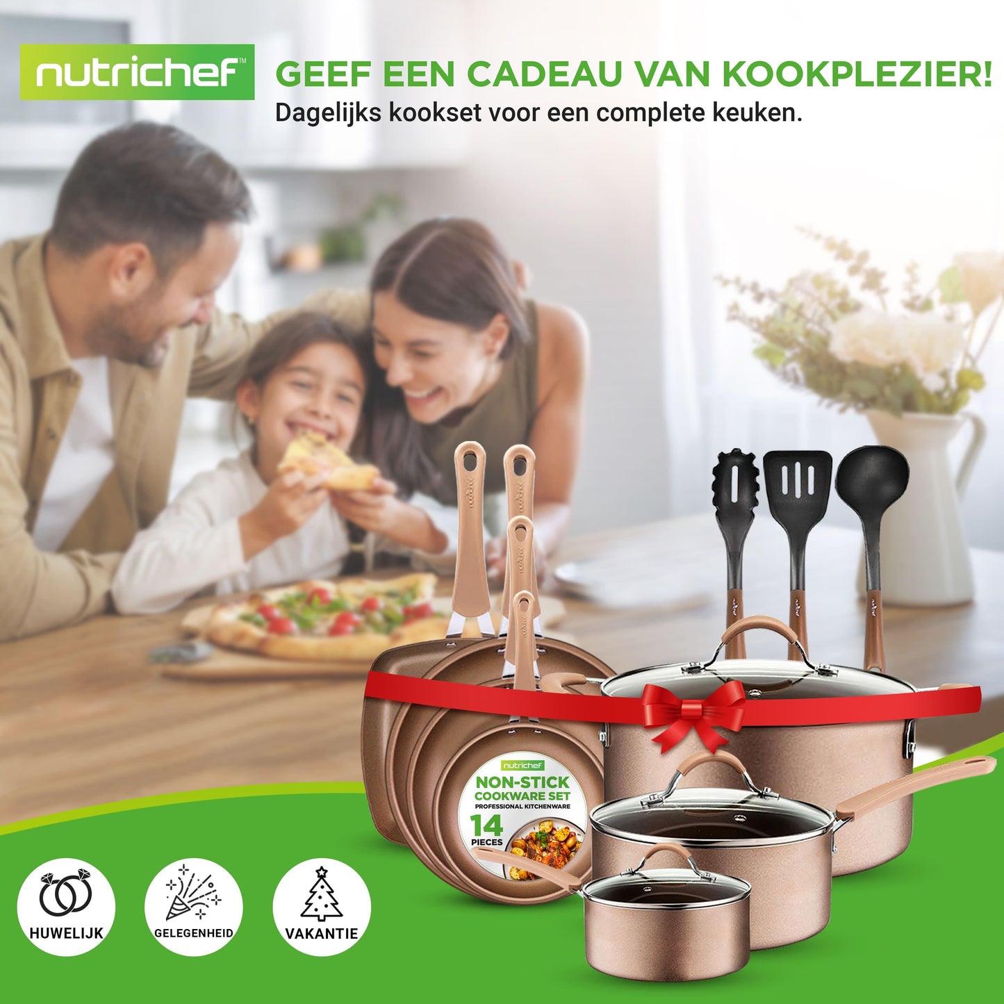 Pannenset – Kookset – Koekenpannen – Kookpannen – Braadpan – 14-delig – Aluminium met Anti-aanbaklaag – Geschikt voor Inductie – Gouden Uitvoering