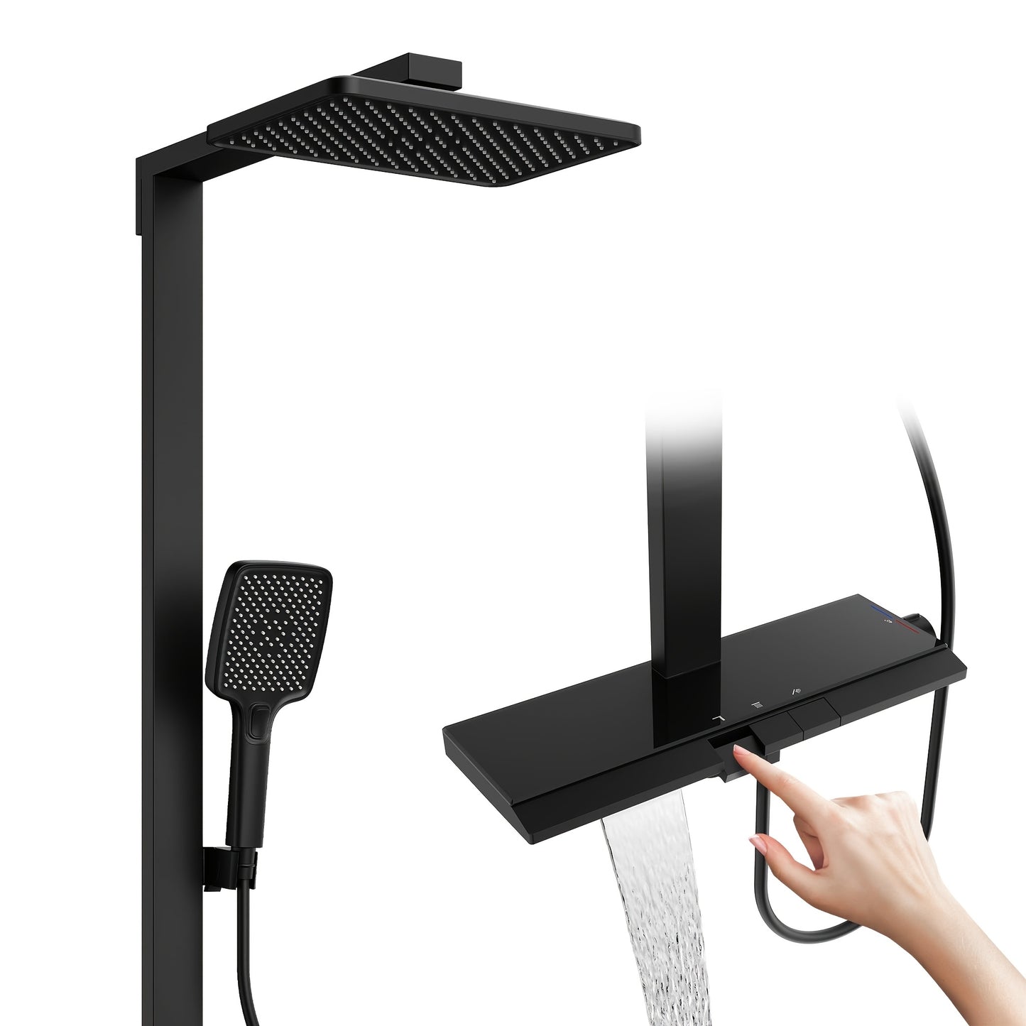Douchekraan – Doucheset – Douchemengkraan – Thermostaatkraan – Handdouche – Matte Zwarte Afwerking – Thermostaat Met Glazen Plank – 3 Spraystanden Handdouche
