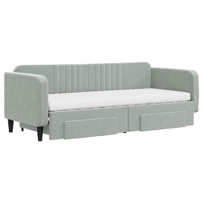 Bedframe – Eenpersoonsbed – Slaapbank – Platformbed – Jeugdbed – Lichtgrijs Fluweel – Opbergruimte Met Lades En Planken – Stevig Houten Frame 80x200 cm