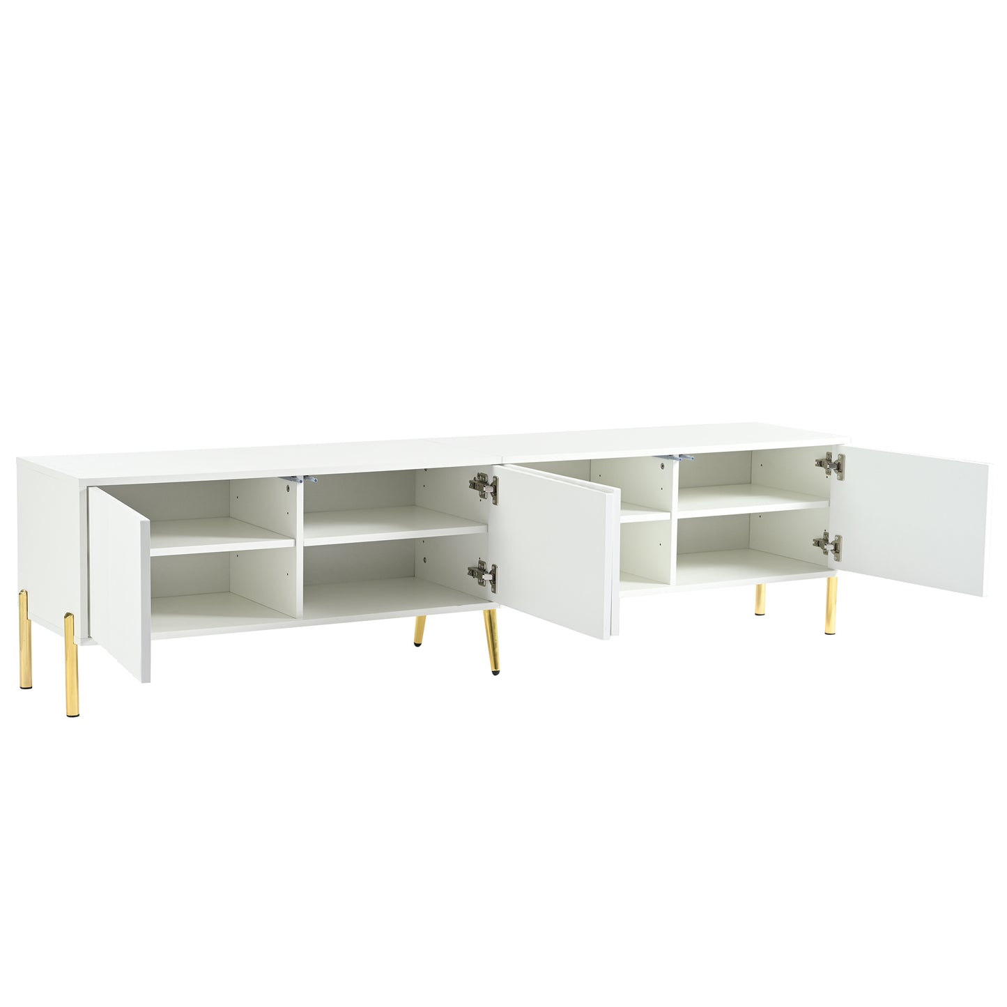 TV Meubel – TV Lowboard – TV Kast – TV Board – Mediameubel – Wit Met Groeven – 4 Deuren Met 8 Opbergvakken – Gouden Metalen Poten – 190x38x48 cm