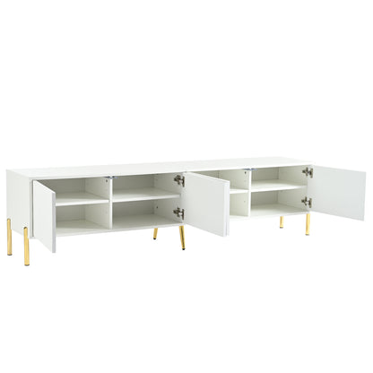 TV Meubel – TV Lowboard – TV Kast – TV Board – Mediameubel – Wit Met Groeven – 4 Deuren Met 8 Opbergvakken – Gouden Metalen Poten – 190x38x48 cm