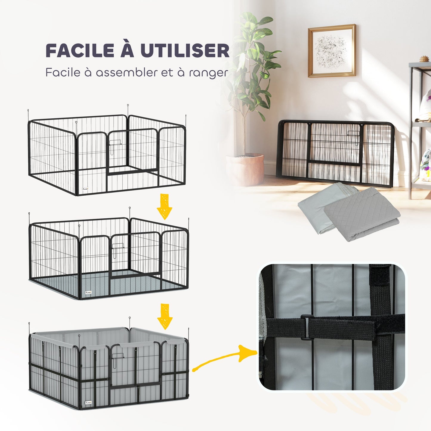 Werpkist Hond – Puppyren – Hondenren – Hondenbox – Puppybox – Stalen Constructie – Afneembare 600D Oxford Stof – Wasbare Waterdichte Mat – Vergrendelbare Deur – 122x122x60 cm – Zwart