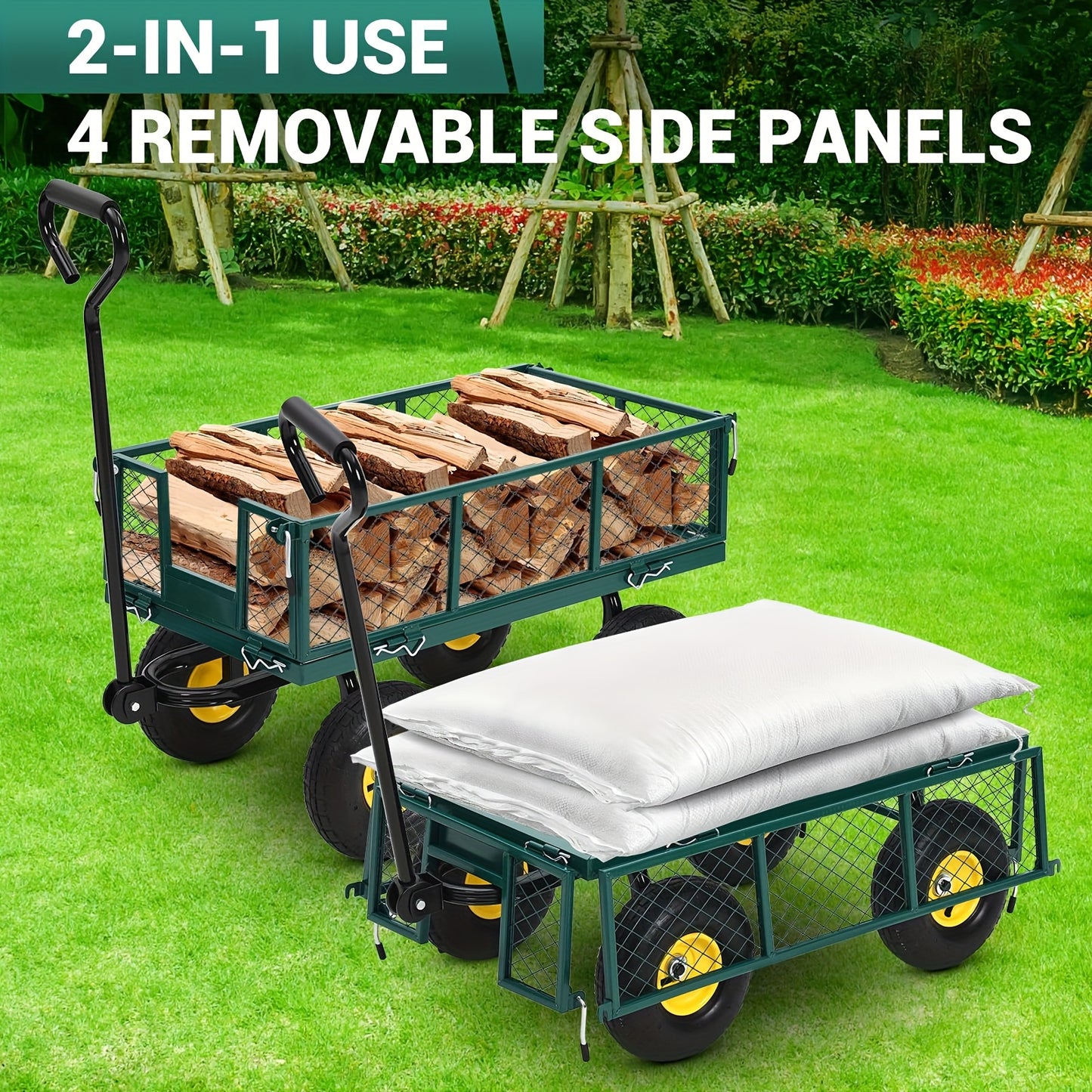 Heavy-Duty Steel Garden Cart with 180° Rotating Handle, Removable Sides & All-Terrain Large All-Terrain Tires - Sturdy Steel Frame, Green & Design, Large Capacity Utility Wagon for Yard, Farm, Beach, Lawn Care, Construction