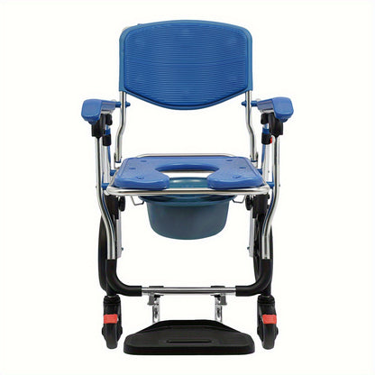 Vouwbare Douchebrancard – Toiletstoel – Rollstoel – Doucherolstoel – Commode Rolstoel – Met Armleuningen en Rugleuning – Sterk Aluminium – Inklapbaar Blauw