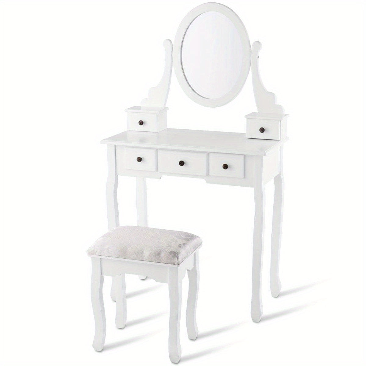 Kaptafel – Make-uptafel – Schminktafel – Beauty Tafel – Dressing Table – Draaibare Spiegel – 5 Laden – Gestoffeerde Kruk – Modern Design – Glas & Kunststof