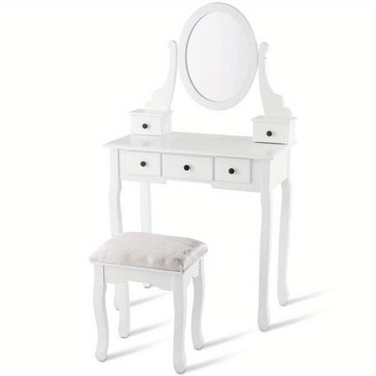 Kaptafel – Make-uptafel – Schminktafel – Beauty Tafel – Dressing Table – Draaibare Spiegel – 5 Laden – Gestoffeerde Kruk – Modern Design – Glas & Kunststof