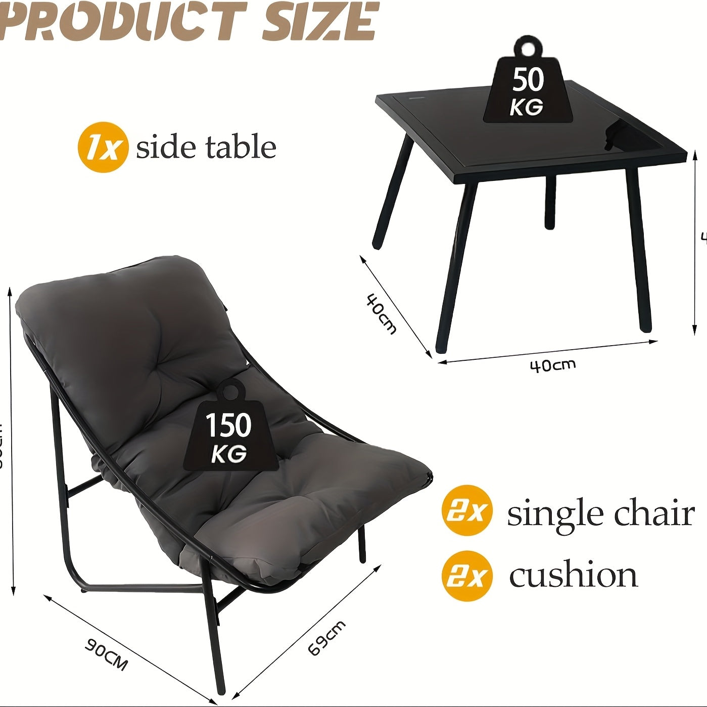 Loungeset – Loungebank – Tuinbank – Balkonset – Zitzetel – 3-delig Zwart – Inklapbaar & Verstelbare Rugleuning