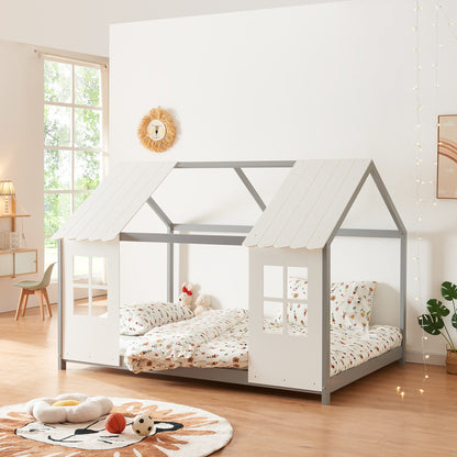 Kinderbed – Huisbed – Bedhuisje – Kinderbedhuis – Kinderbed Halfopen Huisdesign – 140x200 cm – Massief Dennehout – Inclusief Lattenbodem