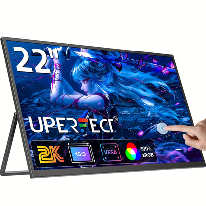 22" Draagbare Monitor – Touchscreen Monitor – Tweede Scherm – Mini Monitor – Laptop Extender – 2K QHD Resolutie – 10-Punts Touch – VESA Montage & 180° Verstelbare Standaard