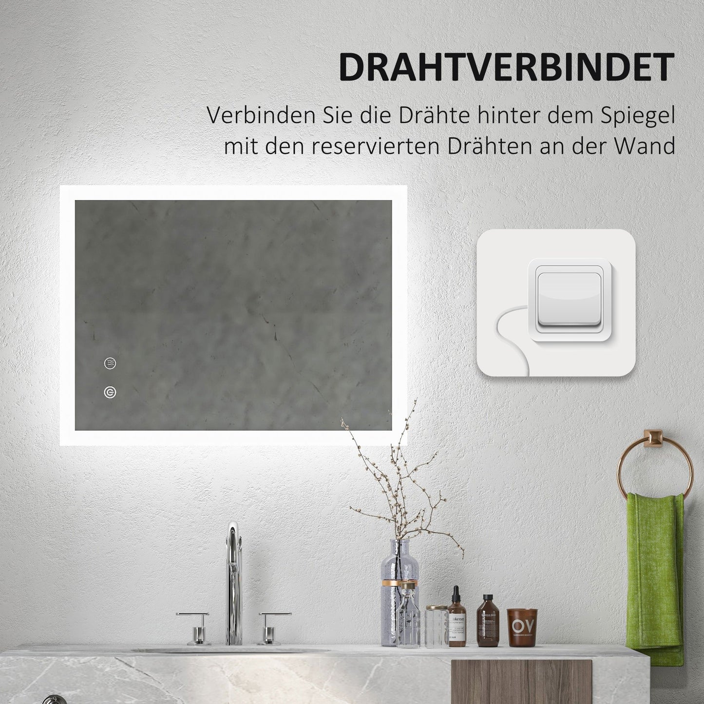 LED Badkamerspiegel – Spiegel, Verlichte Spiegel, Make-up Spiegel, Badkamer Spiegel – Wit Zilver – 80 x 60 cm – Touch Bedieningspaneel – Anti-condensfunctie