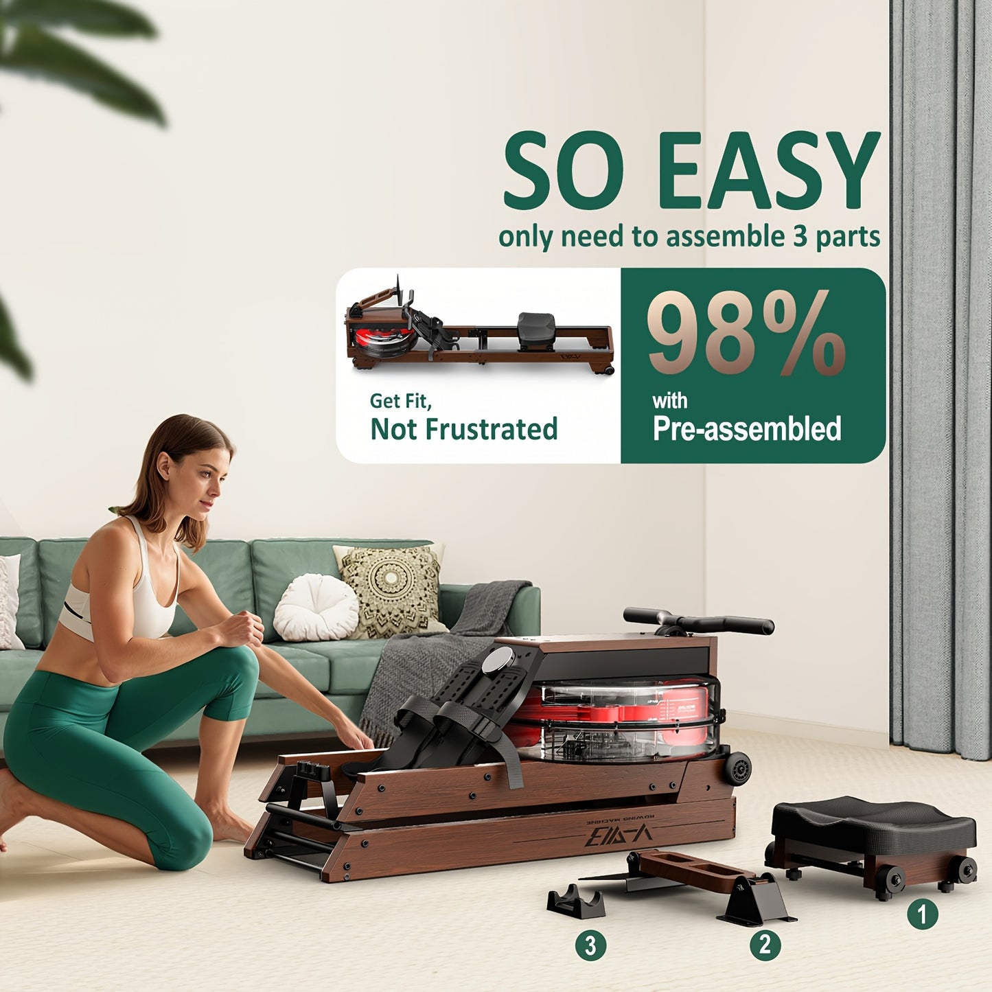 Waterroeimachine – Roeitrainer – Rower – Fitnessapparaat – Homegym – Houten Frame – Waterweerstand – Draaggewicht 175 kg