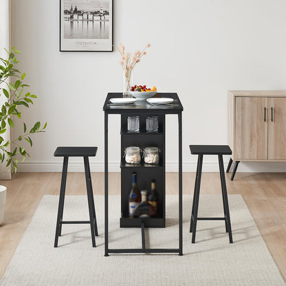 3pcs Compact Modern Farmhouse Bar Table and Chairs Set with 3-Tier Storage Shelves - Space-Saving Wood Construction, Black Finish for  Apartments, Living Room, Kitchen, Dining Room - Sturdy A-Frame Design & Comfortable Seatin