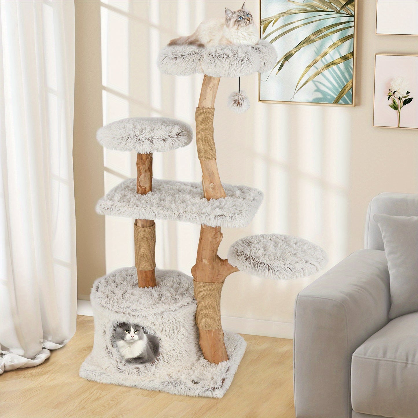 134.62cm Tall Heavy-Duty Cat Tree Tower - Natural Wood & Jute Scratching Posts, Floral-shaped Plush Perch, Multi-Level Cat condo - Sturdy Construction for Large Cats - Modern Indoor cat furniture for Climbing, Scratching, Res