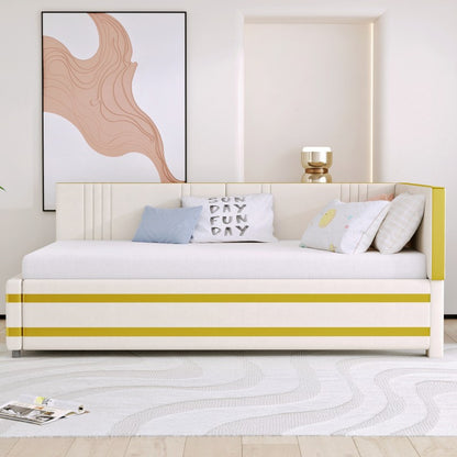 Gestoffeerd Bed – Slaapbank – Sofa Bed – Bedbank – Multifunctioneel Bed – 90x200 cm – Velours Stof Beige – Comfortabele Slatted Frame
