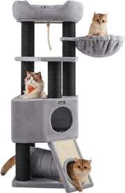 XXL Luxe Stevige Katten Krabpaal - Stevig Krabmeubel met Hangmat, Kattenhuis - Tunnel en Speeltouw - Grote Krabpaal Klimpaal - 141 cm Hoog - Grijs/Zwart
