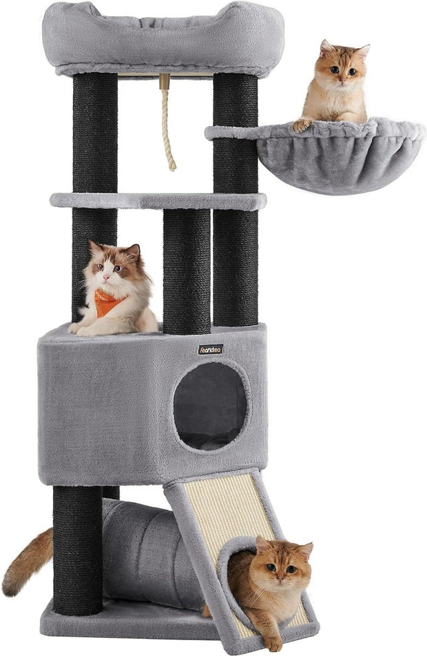 XXL Luxe Stevige Katten Krabpaal - Stevig Krabmeubel met Hangmat, Kattenhuis - Tunnel en Speeltouw - Grote Krabpaal Klimpaal - 141 cm Hoog - Grijs/Zwart