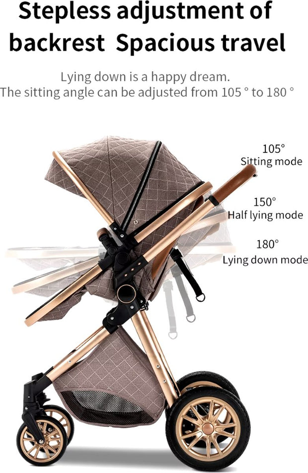 Kinderwagen 3 in 1 - Kinderwagen - Bedje - Buggy - Autostoel - Opvouwbaar - Aluminium frame - Blauw - Goud - Bruin