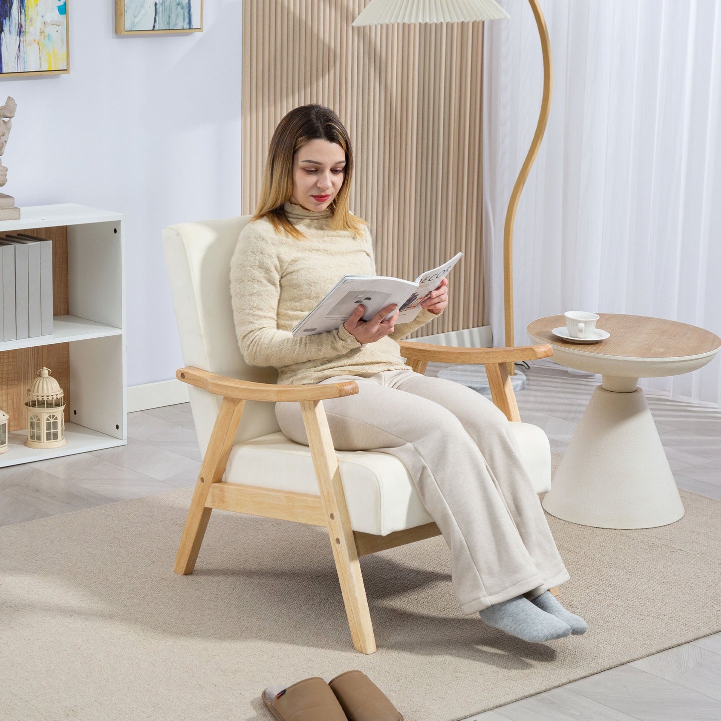 Fauteuil – Zetel – Relaxstoel – Armstoel – Crèmewit – Rubberwood Frame – Comfortabele Schuimvulling