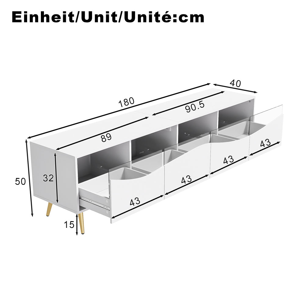 Tv-Meubel – Tv-Kast – Tv-Dressoir – Media-Meubel – Televisiekast – Mat Wit – Gouden Metalen Onderstel – Glazen Deuren – 180x40x50 CM – Kabelmanagement – Stevig & Ruim