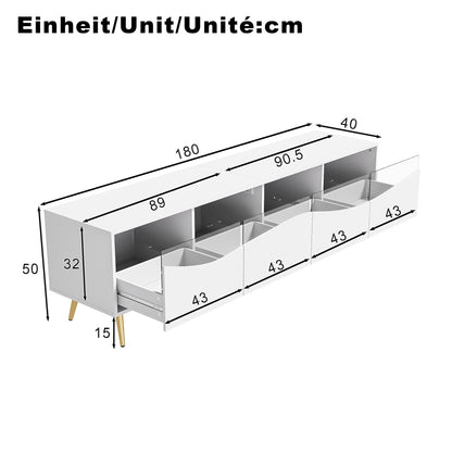 Tv-Meubel – Tv-Kast – Tv-Dressoir – Media-Meubel – Televisiekast – Mat Wit – Gouden Metalen Onderstel – Glazen Deuren – 180x40x50 CM – Kabelmanagement – Stevig & Ruim