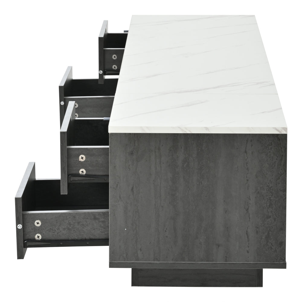 Modern Luxury TV Stand for 70-inch TVs Compatible for 165.1/190.5/177.8 cm Screens - Heavy-Duty Metal Frame with Marble-Patterned Tabletop, Cable Management System & Push-to-Open Drawers - Non-Wood Media Console for Large TVs