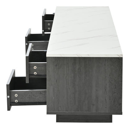 Modern Luxury TV Stand for 70-inch TVs Compatible for 165.1/190.5/177.8 cm Screens - Heavy-Duty Metal Frame with Marble-Patterned Tabletop, Cable Management System & Push-to-Open Drawers - Non-Wood Media Console for Large TVs