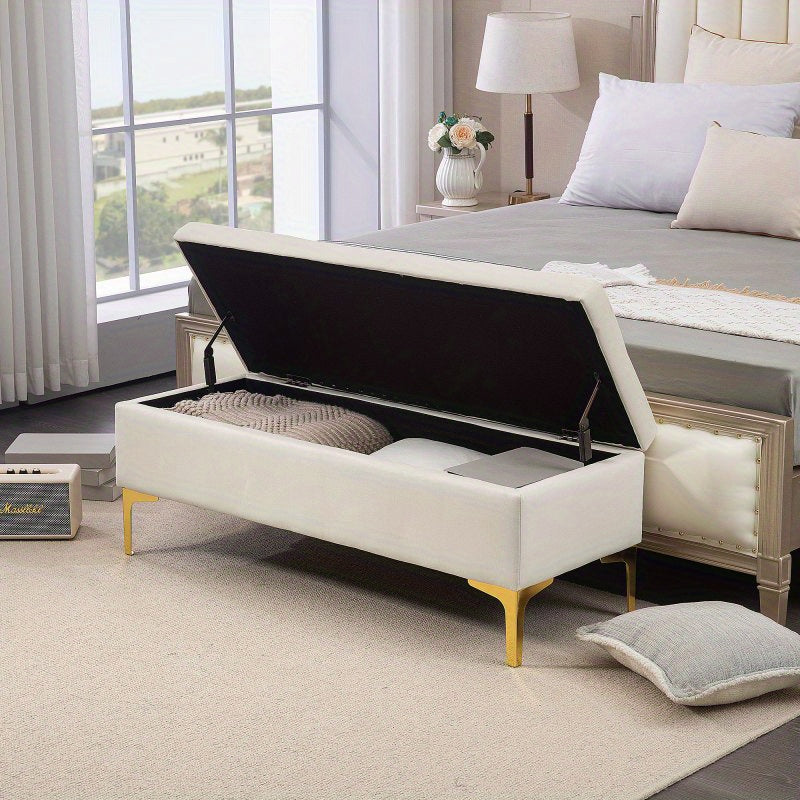 Opbergbankje – Zitbank – Opbergkist – Halbank – Poef – Beige Gestoffeerd – Met Opbergruimte – 120x44x44,5 cm – Met Goudkleurige Metalen Poten
