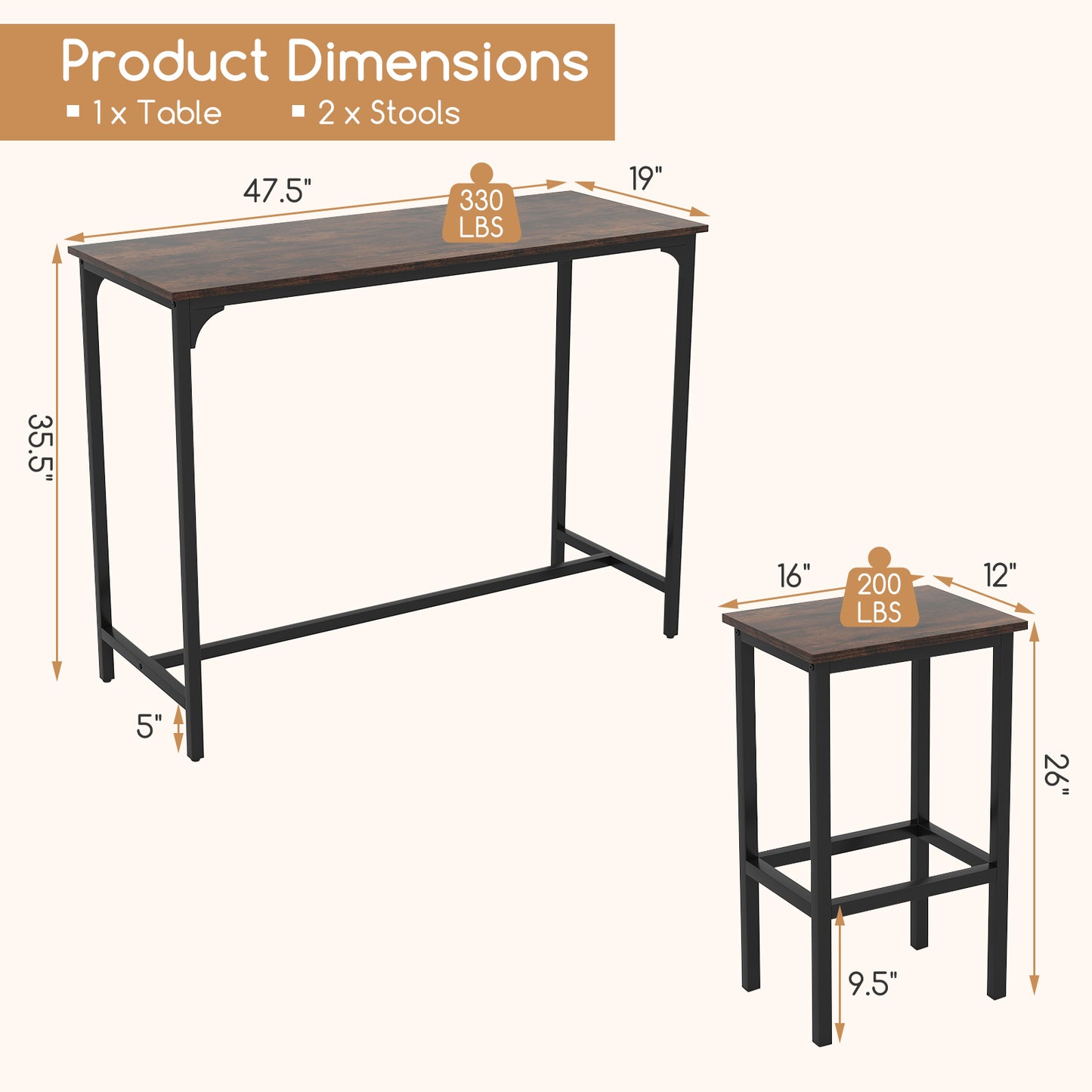 Barset – Bartafelset – Hoog Tafeltje – Barkrukken – Bistro Set – Industrieel Design – Compact 120x48x91 cm – Metalen Frame