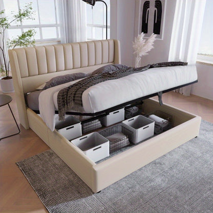 Opbergbed – Opbergbed Met Hydraulische Lift – Bed Met Opbergruimte – Gestoffeerd Bed – Slaapbed – 180x200 cm – Stevig Metalen Frame – Beige Linnen Bekleding