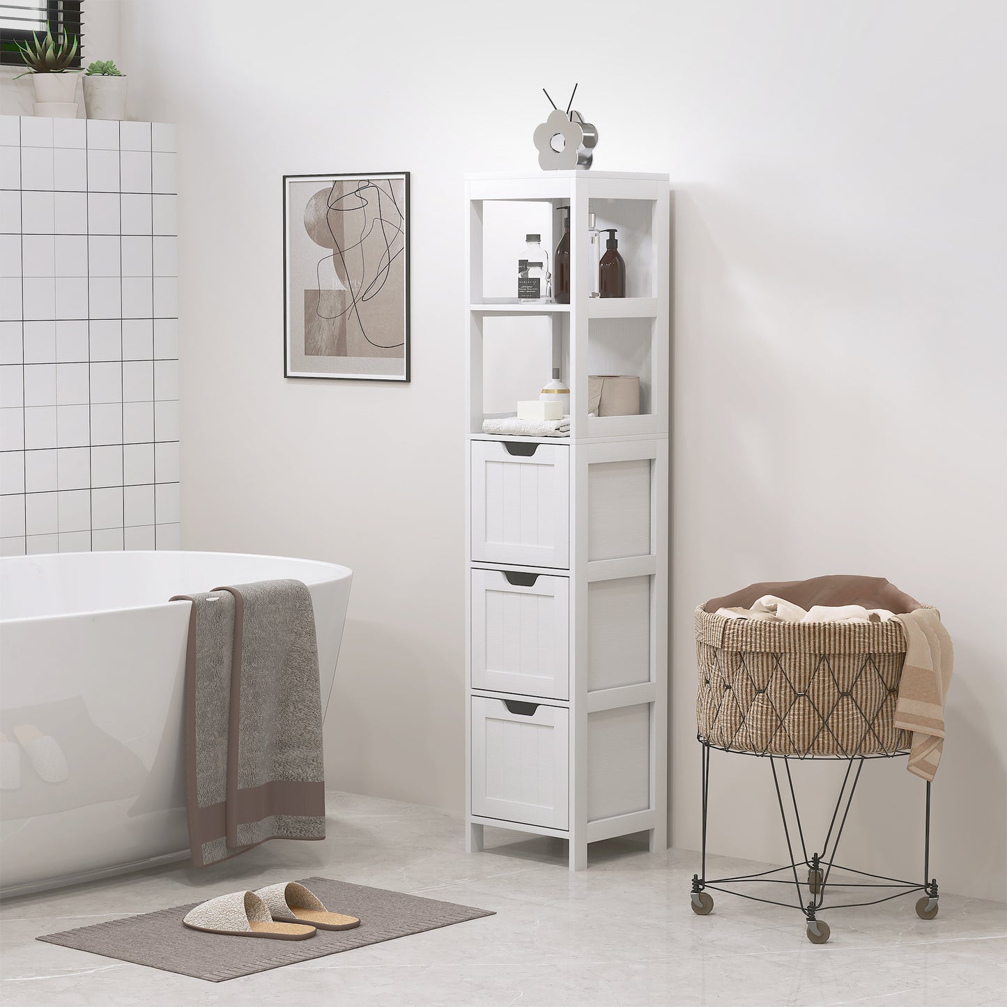Badkamerkast – Badkamermeubel – Opbergkast – Kolomkast – Wastafelonderkast – Waterbestendig Materiaal – 2 Planken & 3 Lades – Wit