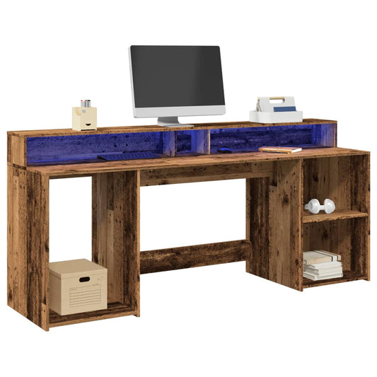 Bureau – Werktafel – Laptoptafel – Computertafel – Bureau Oud Hout – RGB LED-Verlichting – Ruime Opbergruimte 200x55x91 cm