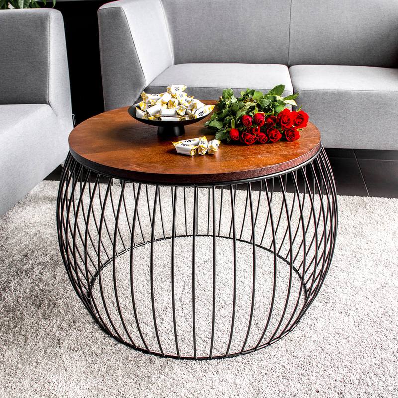 Salontafel – Koffietafel – Bijzettafel – Salon Tafel – Woonkamer Tafel – Ronde Vorm – Houtblad Chocoladebruin – Mat Zwart Metaal – Opbergruimte – Diameter 60 cm