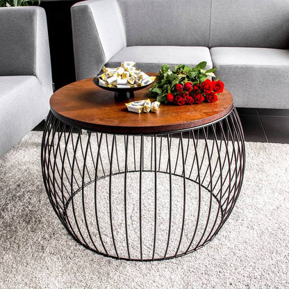 Salontafel – Koffietafel – Bijzettafel – Salon Tafel – Woonkamer Tafel – Ronde Vorm – Houtblad Chocoladebruin – Mat Zwart Metaal – Opbergruimte – Diameter 60 cm