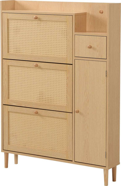 Houten Rotan Schoenenkast - Schoenenkast met 3 Schuine Deuren en 1 Lade - Massief Houten Poten en Handgrepen - Voor Smalle Ingangen - 90 x 125 x 17 cm