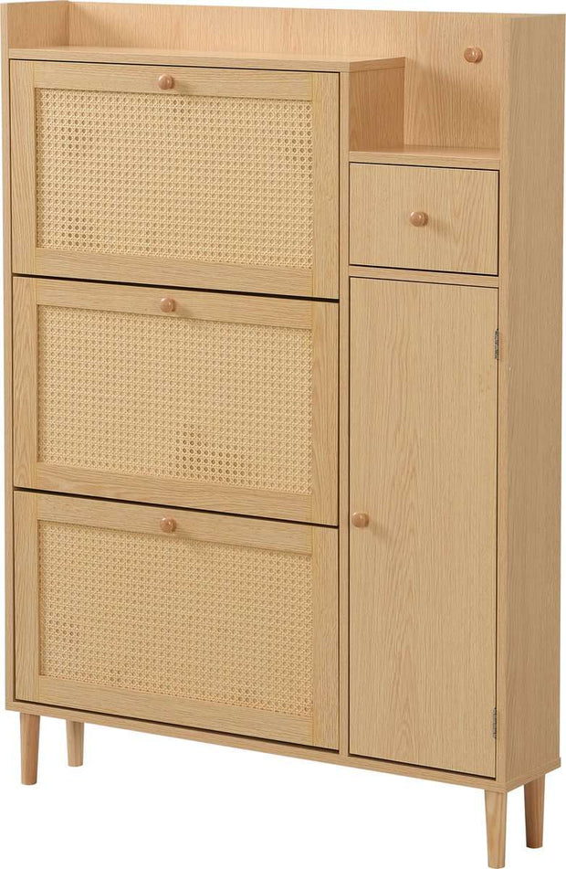 Houten Rotan Schoenenkast - Schoenenkast met 3 Schuine Deuren en 1 Lade - Massief Houten Poten en Handgrepen - Voor Smalle Ingangen - 90 x 125 x 17 cm