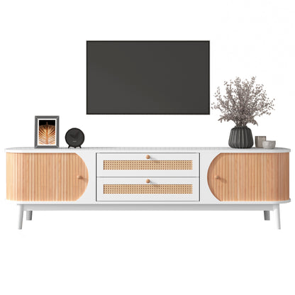 Rustic Modern TV Stand with Doors & Drawers - Solid Wood-Like, Rattan-Side Doors, Sturdy Metal-Free, Natural Wood-Look for Furniture - Easy Assembly (Compatible with TVs & Media Players)
