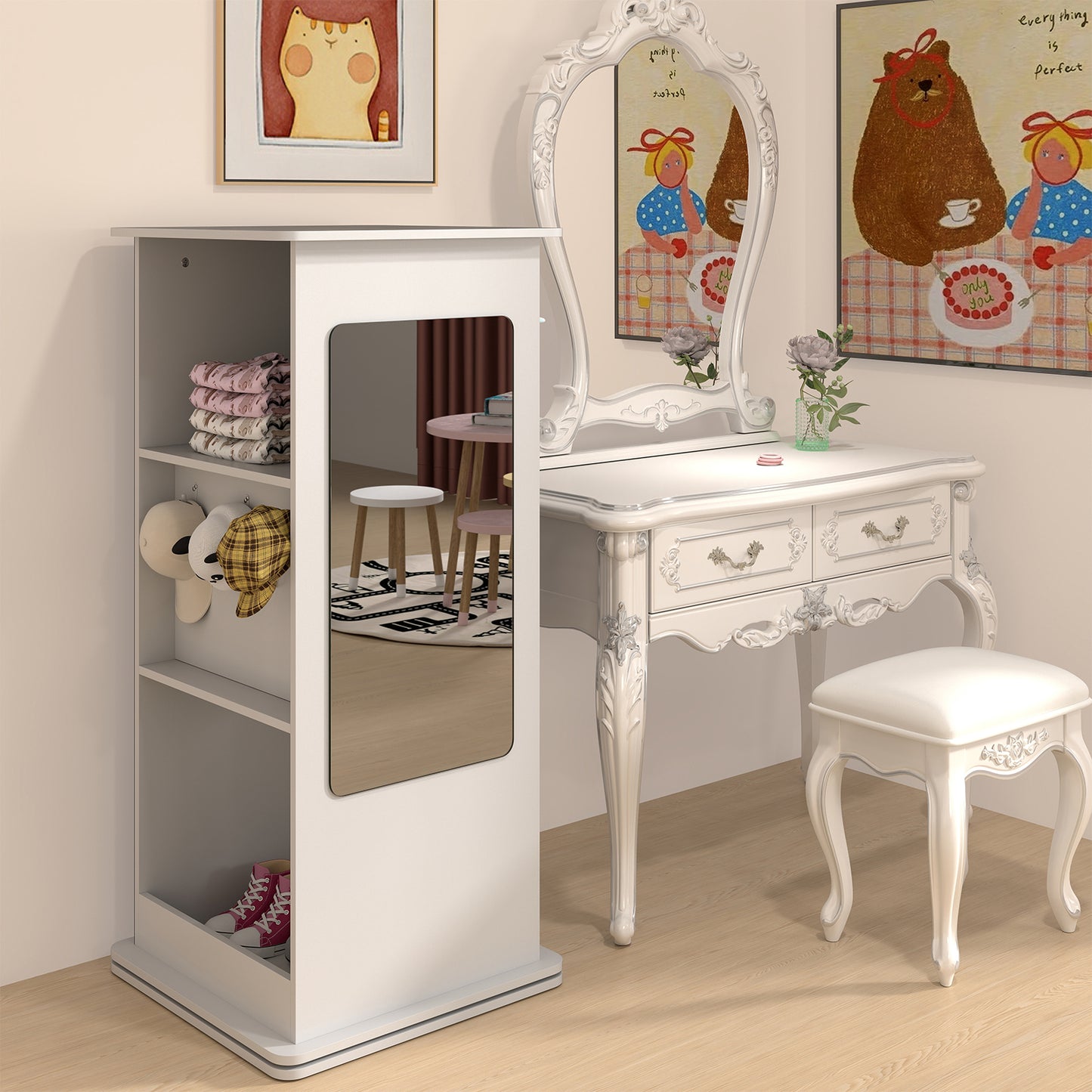 Boekenrek Kind – Kinderboekenkast – Boekenplank – Opbergkast – Speelgoedkast – Draaibaar 360° – MDF Hout – Krijtbord & Ophanghaken – 3 Niveaus – Ruimtebesparend