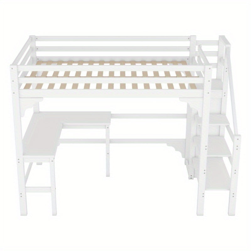 Hoogslaper – Halfhoogslaper – Stapelbed – Bedbank – Multifunctioneel Bed – 140x200 cm – Wit Metalen Frame – Met Bureau en Kledingrek – Ruimtebesparend Design