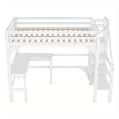 Hoogslaper – Halfhoogslaper – Stapelbed – Bedbank – Multifunctioneel Bed – 140x200 cm – Wit Metalen Frame – Met Bureau en Kledingrek – Ruimtebesparend Design