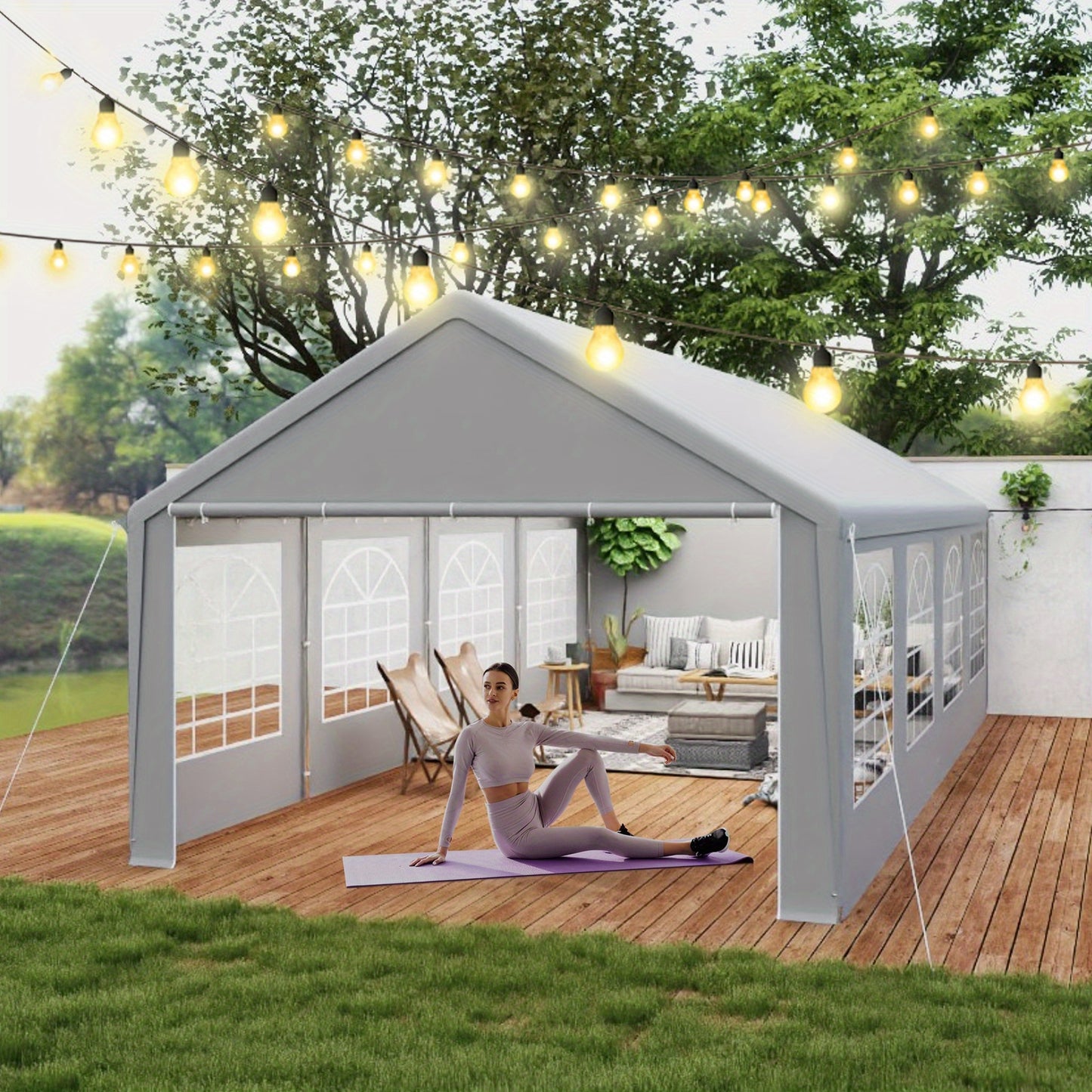 Partytent – Tuinkamer – Feesttent – Evenemententent – Grijze Partytent 4x8 meter – Stevig Gegalvaniseerd Stalen Frame – PE Dak Met Afneembare Zijwanden