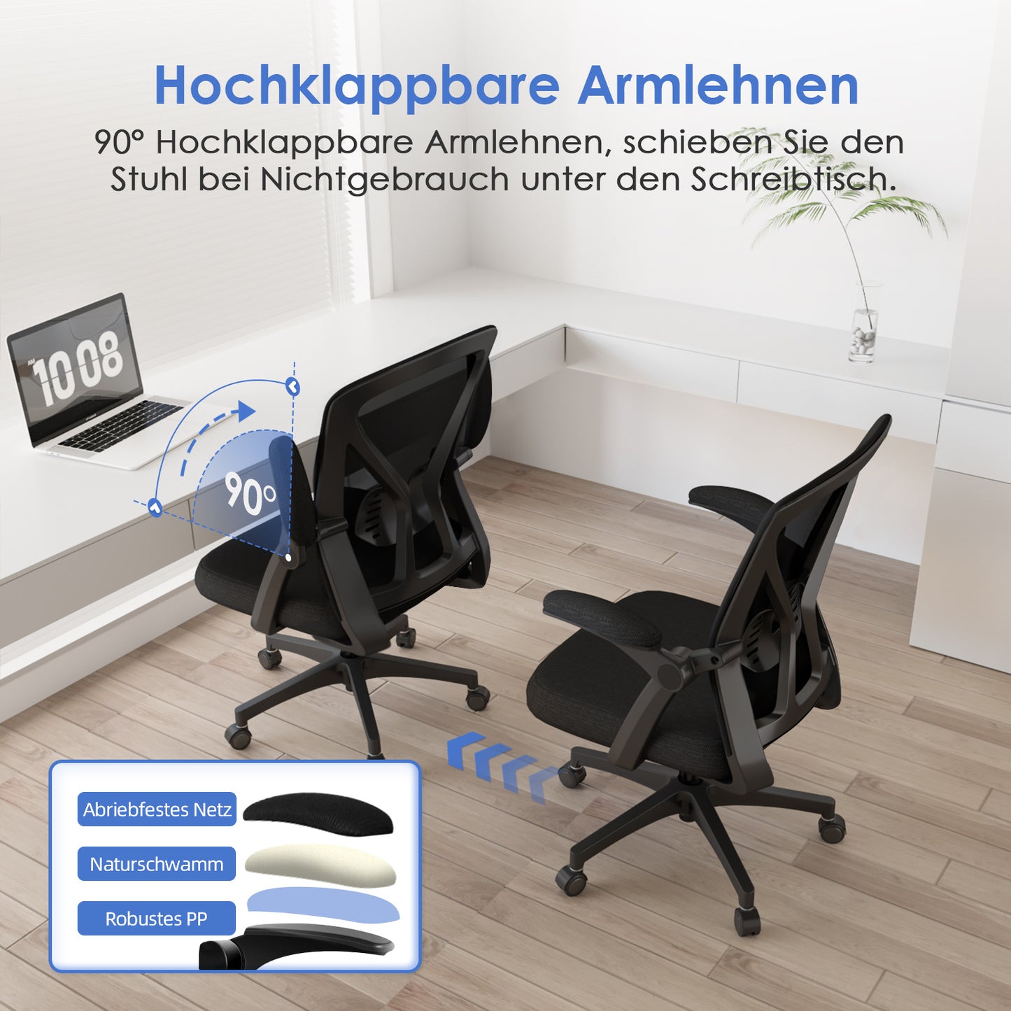 Aiidoits Ergonomic Office Chair with Breathable Mesh Back, Foldable Armrests And Adjustable Lumbar Support – Office Chair with Memory Foam Seat, Tilt Function, 360° Rotation And Stable 5-Roller Base – Height Adjustable A