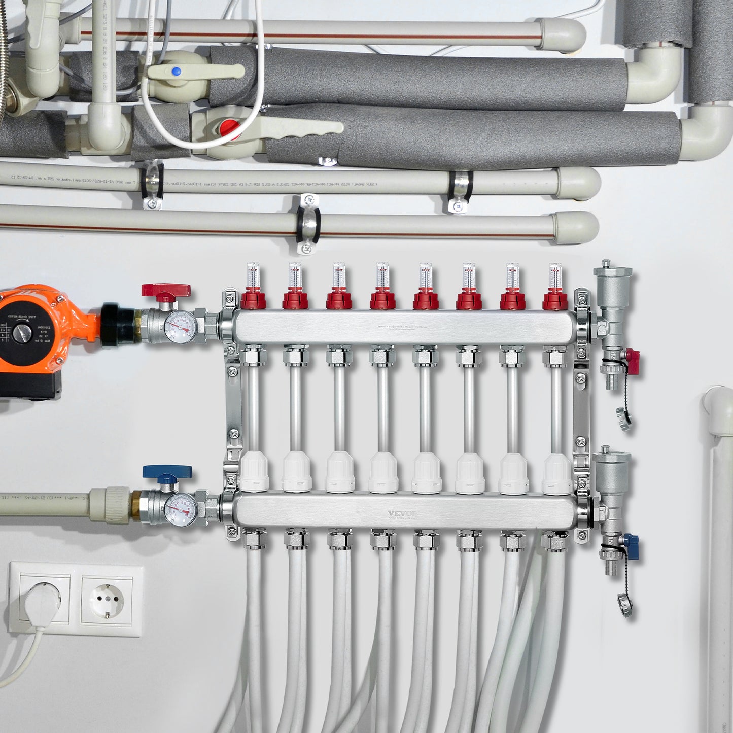 Vloerverwarmingsverdeler – Warmtemanifold – Vloerverwarmingsgroepverdeler – Hydraulische Verdeler – Radiatorverdeler – Roestvrij Staal 304 – 8 Groepen Met Debietmeters