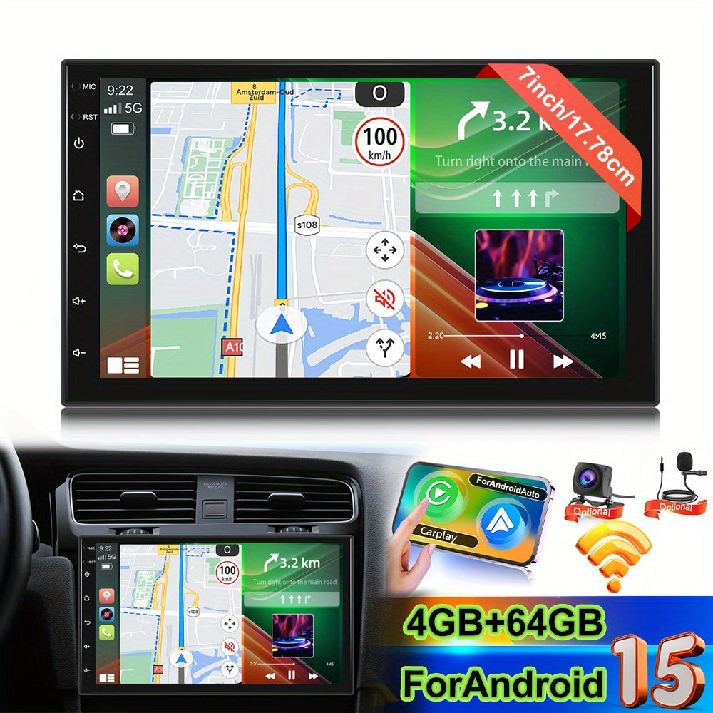 Autoradio – Car Stereo – Multimedia Speler – Inbouw Radio – Auto Audio Systeem – 7 Inch HD IPS Touchscreen – 8-Core Snapdragon Chipset – 4GB+64GB Android 15 – Draadloze CarPlay & Android Auto – 3D UI & DSP Geluid