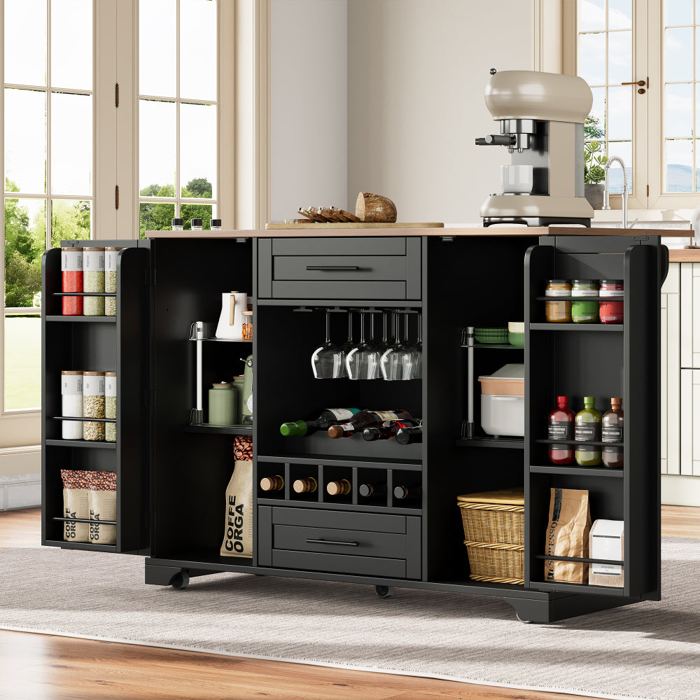Keukentrolley – Keukenkar – Serveerwagen – Keukenwagen – Opbergtrolley – Mobiel met Wieltjes – Inklapbaar Werkblad – Wijnrek & Kruidenrek – 120x45/70x92 cm – Zwart