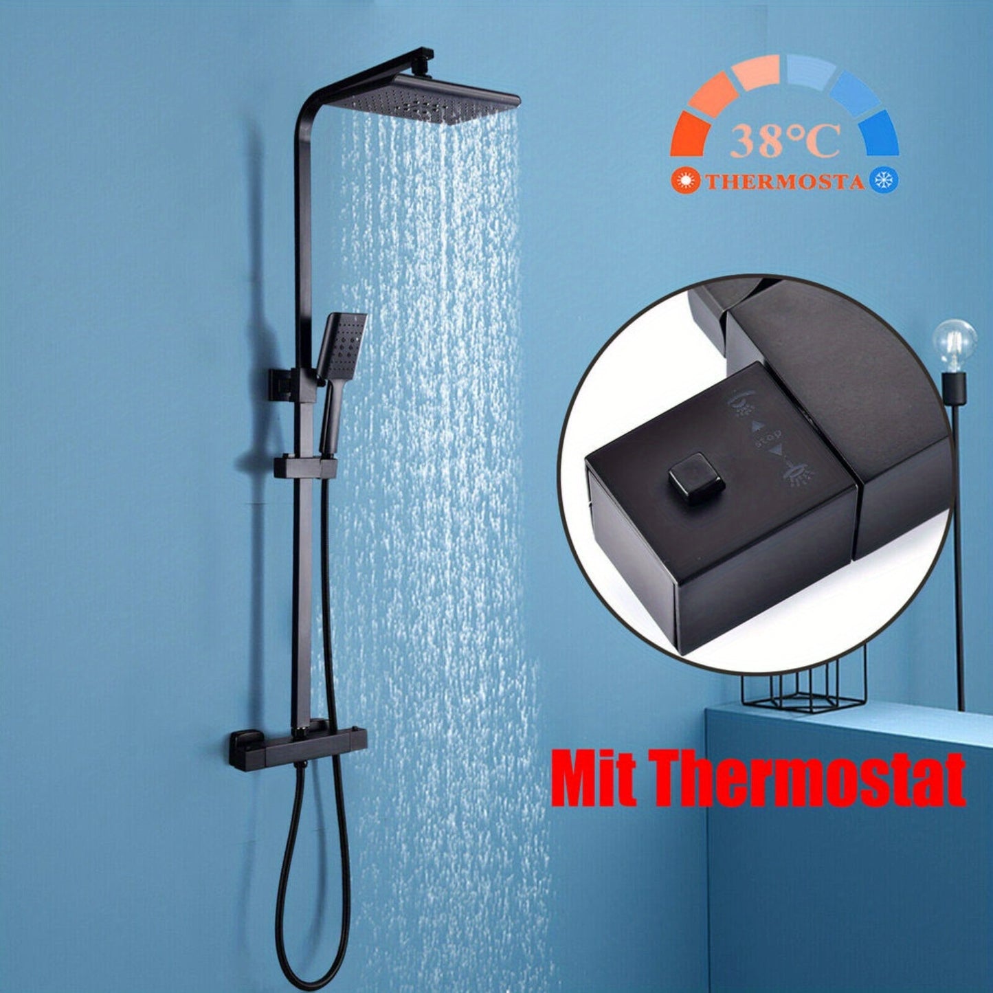 Douchesysteem Thermostaat – Douche Set – Regendouche – Handdouche – Douchekop – Zwart – Verstelbare Stang 90-110 cm – Duurzaam Chroom Messing