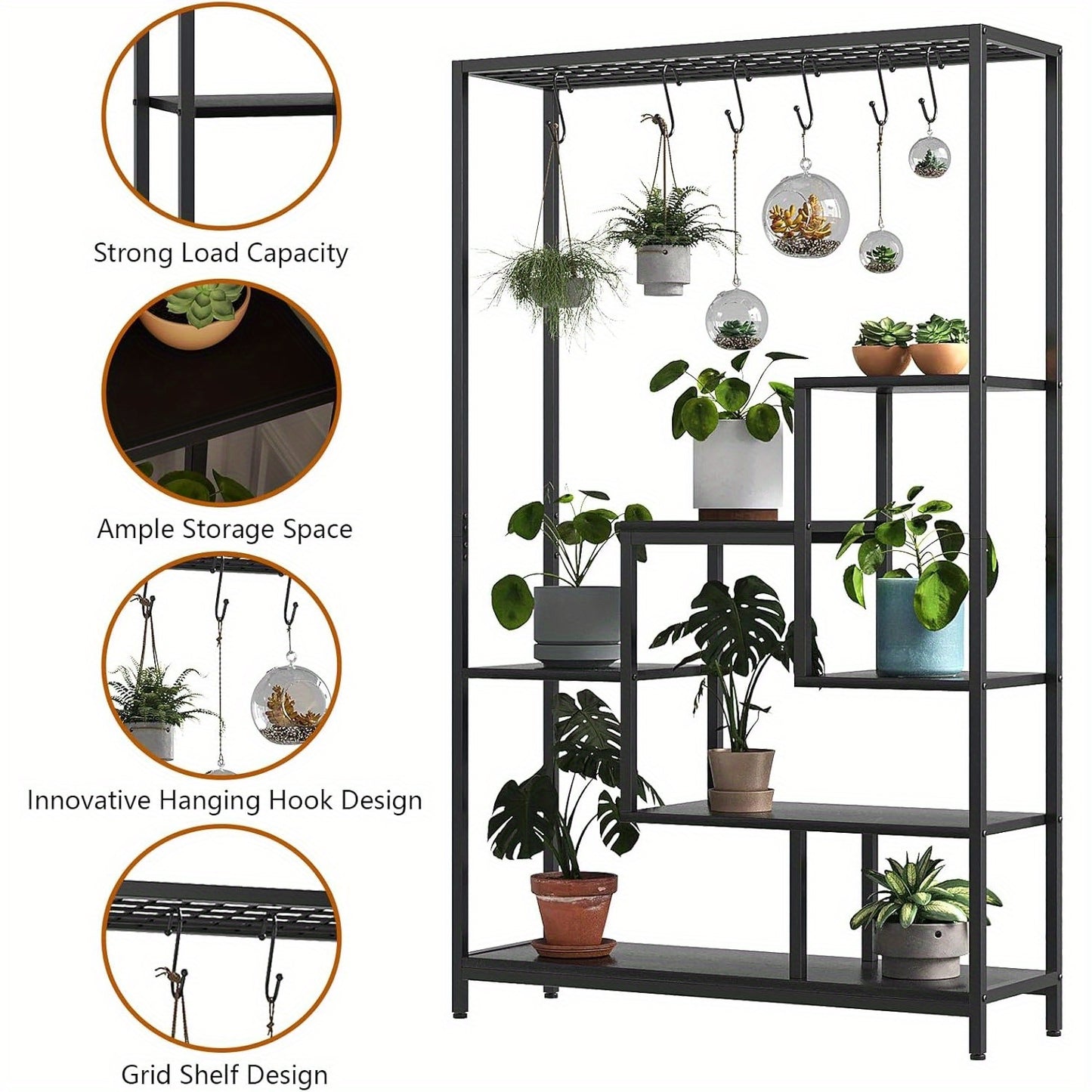Plantenrek – Plantenstandaard – Bloemenrek – Plantenhouder – Groene Wand – 5-Lagen Met 6 Haakjes – Robuust Metalen Frame Met Houten Planken – 180 cm Hoog Met Stabiele Voet